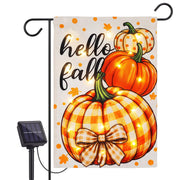 Fumete flag front view showing Hello Fall pumpkin design and bright colors