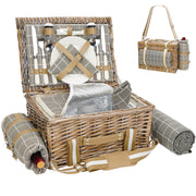 G GOOD GAIN front view of wicker picnic basket showing organized interior and secure straps