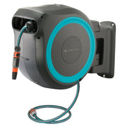 GARDENA front view showing compact retractable hose reel and tidy storage benefit