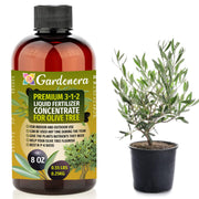 gardenera front packaging showing bottle and brand benefits for healthy olive trees