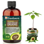 Gardenera front bottle view showing label and benefits for indoor avocados