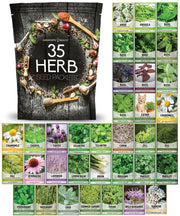 Gardeners Basics front packaging showing 35 labeled seed packets and markers, clear organization benefit