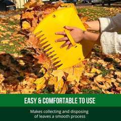 GardenHOME scoops placing leaves into bag for tidy transfer and less mess