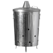 Gardenised front view of the galvanized incinerator can showing stable footprint and lid benefit: controlled burns
