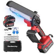 GardenJoy front view showing compact 6-inch chainsaw and benefits of portability