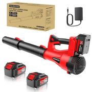 GardenJoy front view showing red cordless blower and ergonomic handle benefit portability