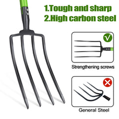 GARDENWORK pitch fork close-up of steel tines demonstrating corrosion resistance