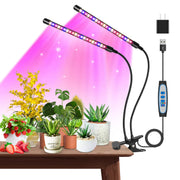Garpsen front view clip-on grow light showing dual heads and clip benefit targeted lighting