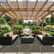Garvee rug front overhead view showing modern brown rainbow pattern and durable surface