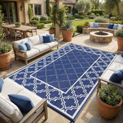 Garvee rug front view shows blue pattern and durable outdoor finish