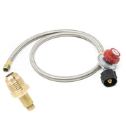 Gas One front view showing regulator and 4ft steel braided hose for durable connections