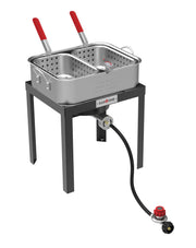 Gas One front view of double fryer showing stable frame and dual baskets for fast frying