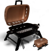 Gas One tabletop grill front view showing cooking area and benefits of portability