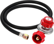 Gas One regulator assembly front view showing hose and connector for reliable hookup