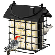 Gbekery feeder front view showing double-suet capacity and black roof for durable outdoor feeding
