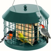 Gbekery feeder front view showing green cage and secure lid for reliable feeding