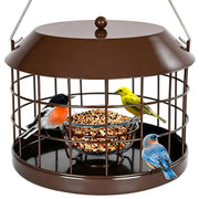Gbekery feeder front view showing bowl and cage, attracts bluebirds