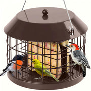Gbekery feeder front view showing sturdy metal cage and hanging hook benefits bird access