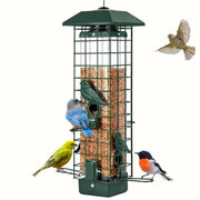 Gbekery front view showing green metal feeder and feeding ports attracting birds