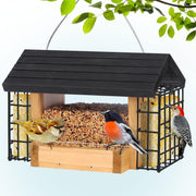 Gbekery front view of cedar feeder showing full seed capacity and hanging rope benefit