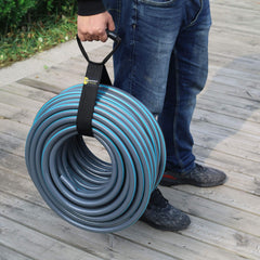 GEEDAR straps bundling a 100 ft garden hose for neat storage