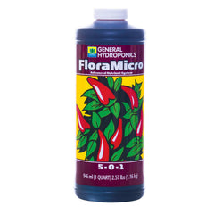 Close-up of General Hydroponics FloraMicro label highlighting nutrient info and clarity