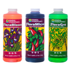 General Hydroponics Flora Series front packaging showing three 1 qt bottles and benefits