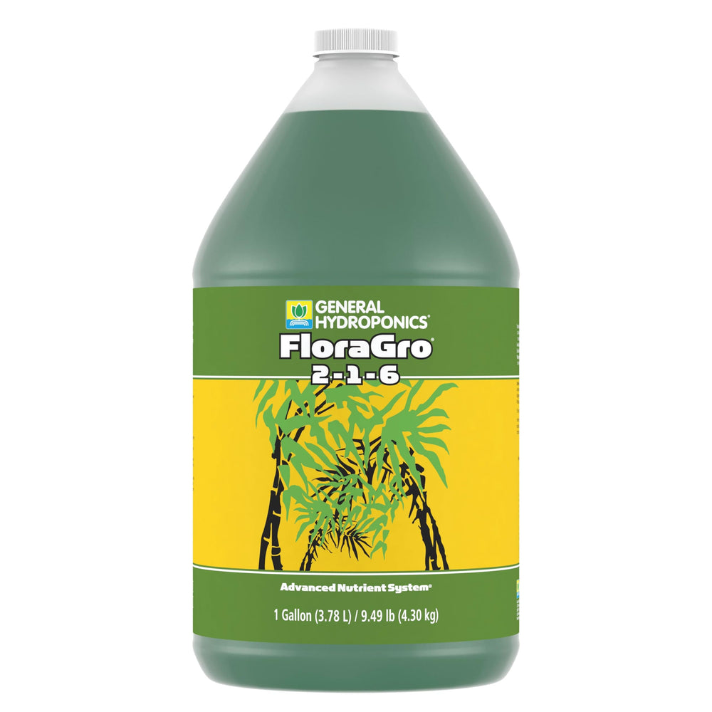 General Hydroponics FloraGro front label showing product and dosage benefits