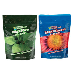 General Hydroponics front packaging of MaxiGro and MaxiBloom showing product clarity and stage benefits