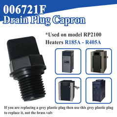 Generic drain plug installed on RP2100 heater demonstrating restored watertightness