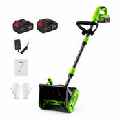 Generic 14-inch cordless snow shovel front view showing controls and clearing benefit