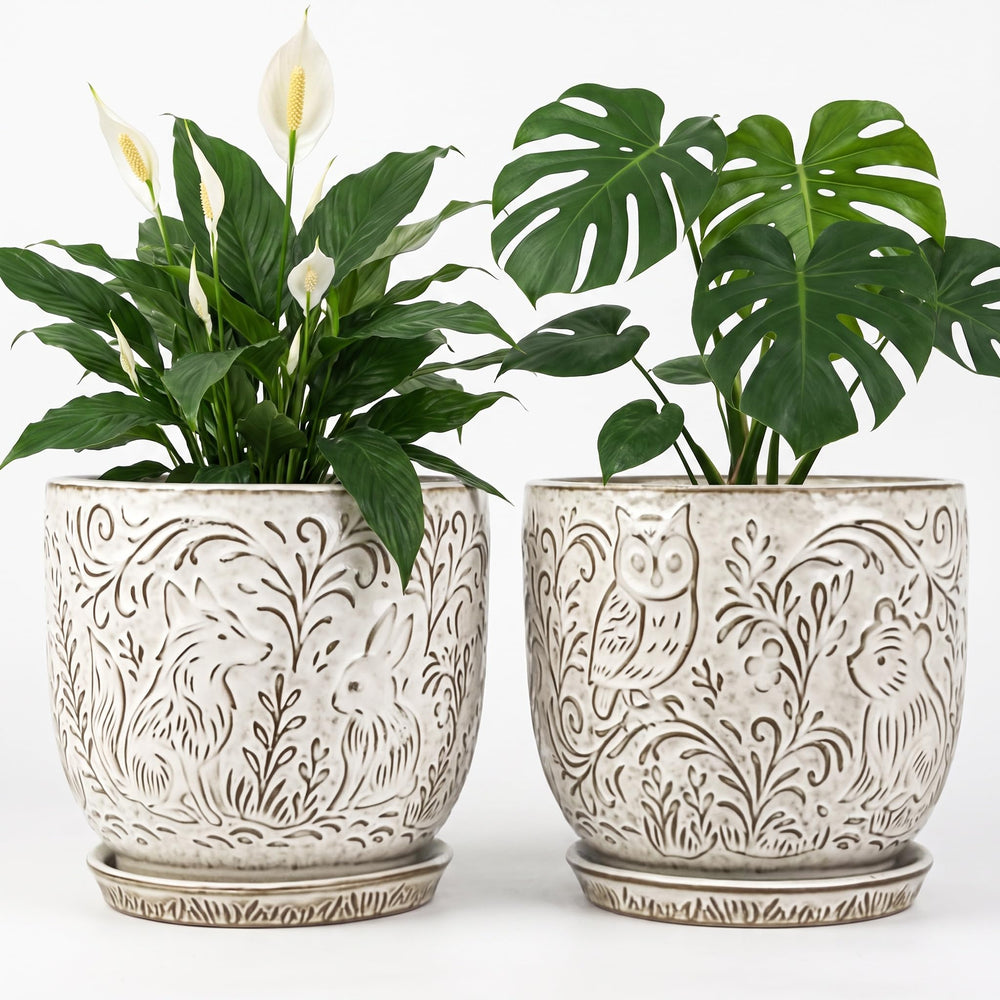 Generic front view of planter set showing embossed owl and forest scene benefit: adds decorative flair