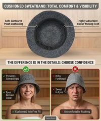 Generic model wearing sauna hat in steam room demonstrating stable fit