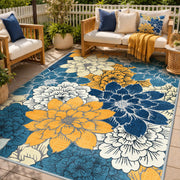 GENIMO front view of blue 6x9 patio rug showing vibrant floral design and welcoming look