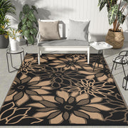 GENIMO front view of brown 5'x8' rug shows palm-leaf pattern and stylish patio benefit