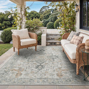 GENIMO front view 5x8 ivory grey rug showing full boho floral design and neutral tones