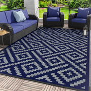 GENIMO front view of blue grey 5'x8' rug showing geometric patterns and curb appeal