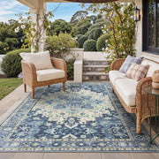 GENIMO front view of navy ivory 5x8 rug showing pattern and benefit durability