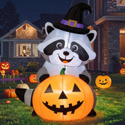 Gerrii front view of raccoon witch inflatable showing festive curb appeal