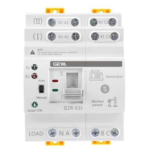 GEYA ATS front view showing compact DIN-rail housing and model labeling for easy identification