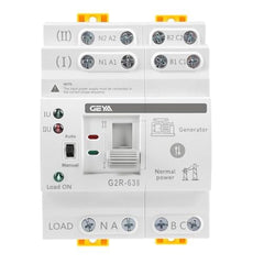 GEYA ATS front view showing compact DIN-rail housing and model labeling for easy identification