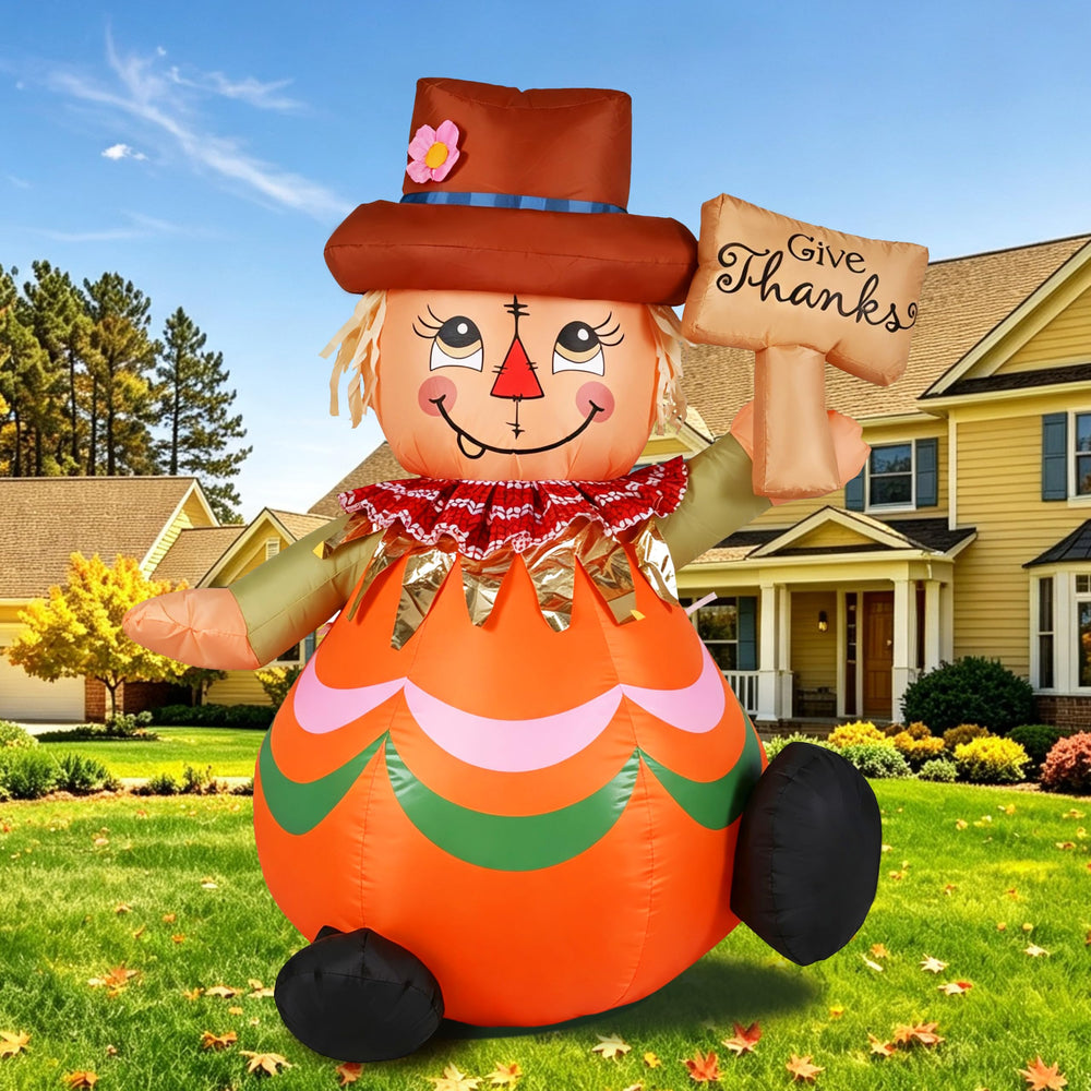 GIFTFIND front view of 4ft inflatable scarecrow showing festive design and curb appeal