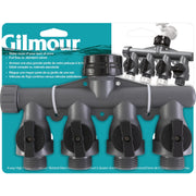 GILMOUR front view of 4-way manifold showing outlets and robust polymer body for durability