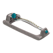 GILMOUR front view of sprinkler showing rectangular base and gentle spray for even watering