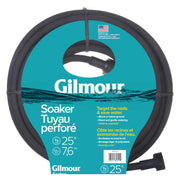 Gilmour soaker hose front view showing 25 ft length and compact packaging benefit
