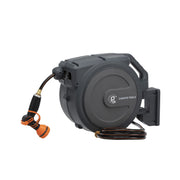 Giraffe Tools front-mounted reel showing compact wall installation benefit