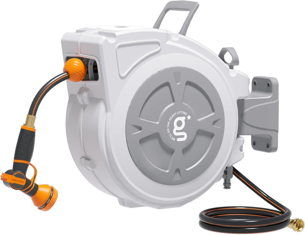 Giraffe Tools front view of wall-mounted reel showing compact storage and neat hose management