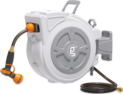 Giraffe Tools front view of wall-mounted reel showing compact storage and neat hose management