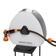 Giraffe Tools front view of ground-mounted retractable hose reel showing compact design and neat storage