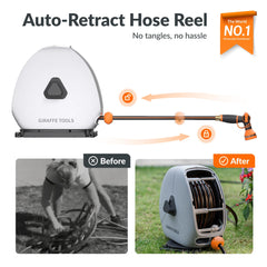 Giraffe Tools hose extended to 100ft across a lawn demonstrating long reach for garden tasks
